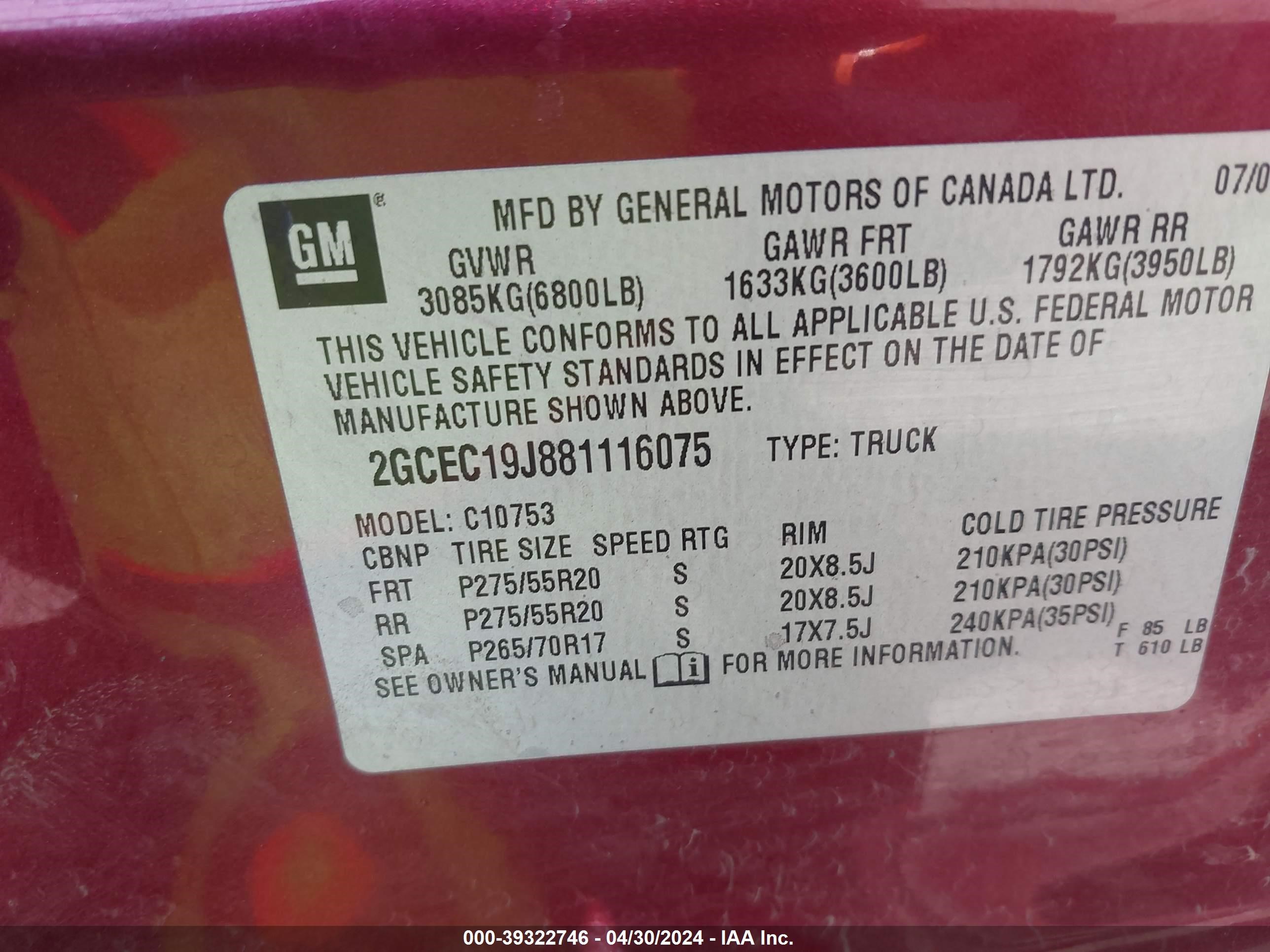 Photo 8 VIN: 2GCEC19J881116075 - CHEVROLET SILVERADO 