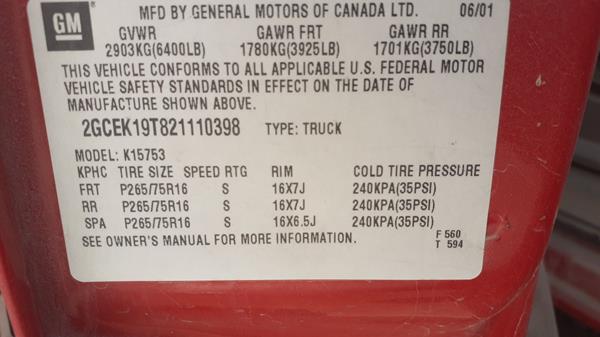 Photo 2 VIN: 2GCEK19T821110398 - CHEVROLET PICK 