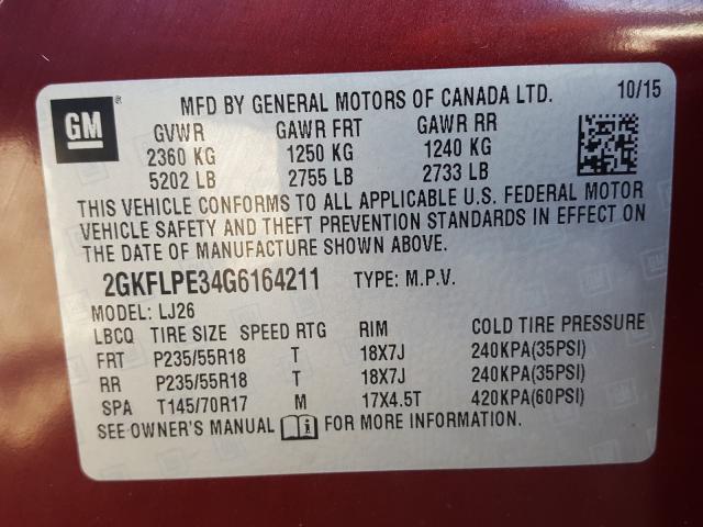 Photo 9 VIN: 2GKFLPE34G6164211 - GMC TERRAIN SL 