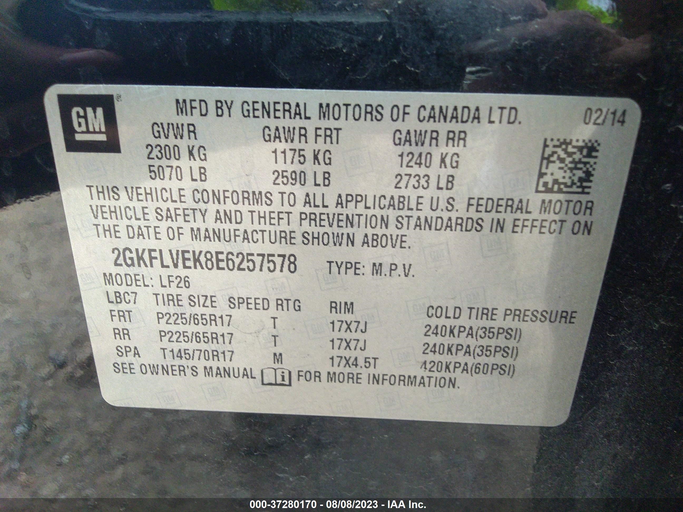 Photo 8 VIN: 2GKFLVEK8E6257578 - GMC TERRAIN 