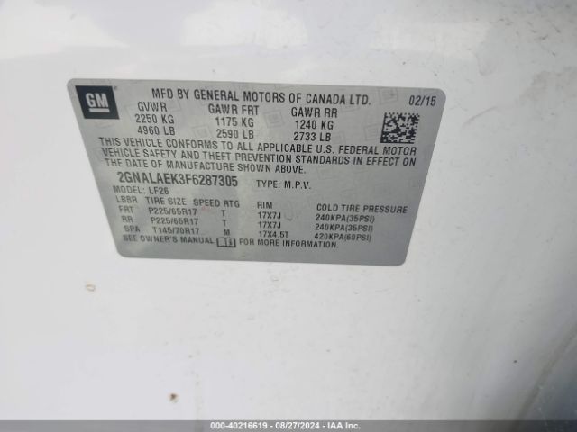 Photo 8 VIN: 2GNALAEK3F6287305 - CHEVROLET EQUINOX 