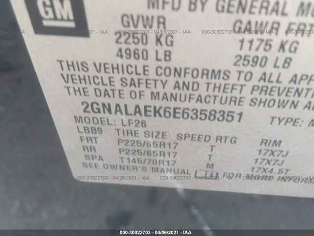 Photo 8 VIN: 2GNALAEK6E6358351 - CHEVROLET EQUINOX 