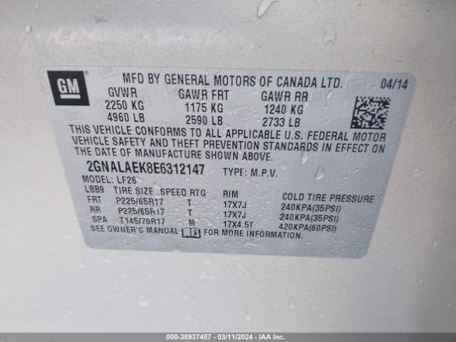 Photo 8 VIN: 2GNALAEK8E6312147 - CHEVROLET EQUINOX 