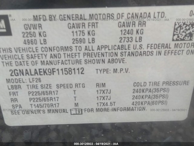 Photo 8 VIN: 2GNALAEK9F1158112 - CHEVROLET EQUINOX 