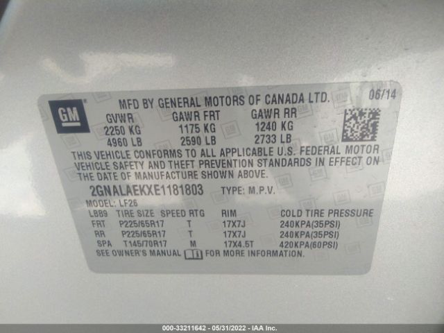 Photo 8 VIN: 2GNALAEKXE1181803 - CHEVROLET EQUINOX 