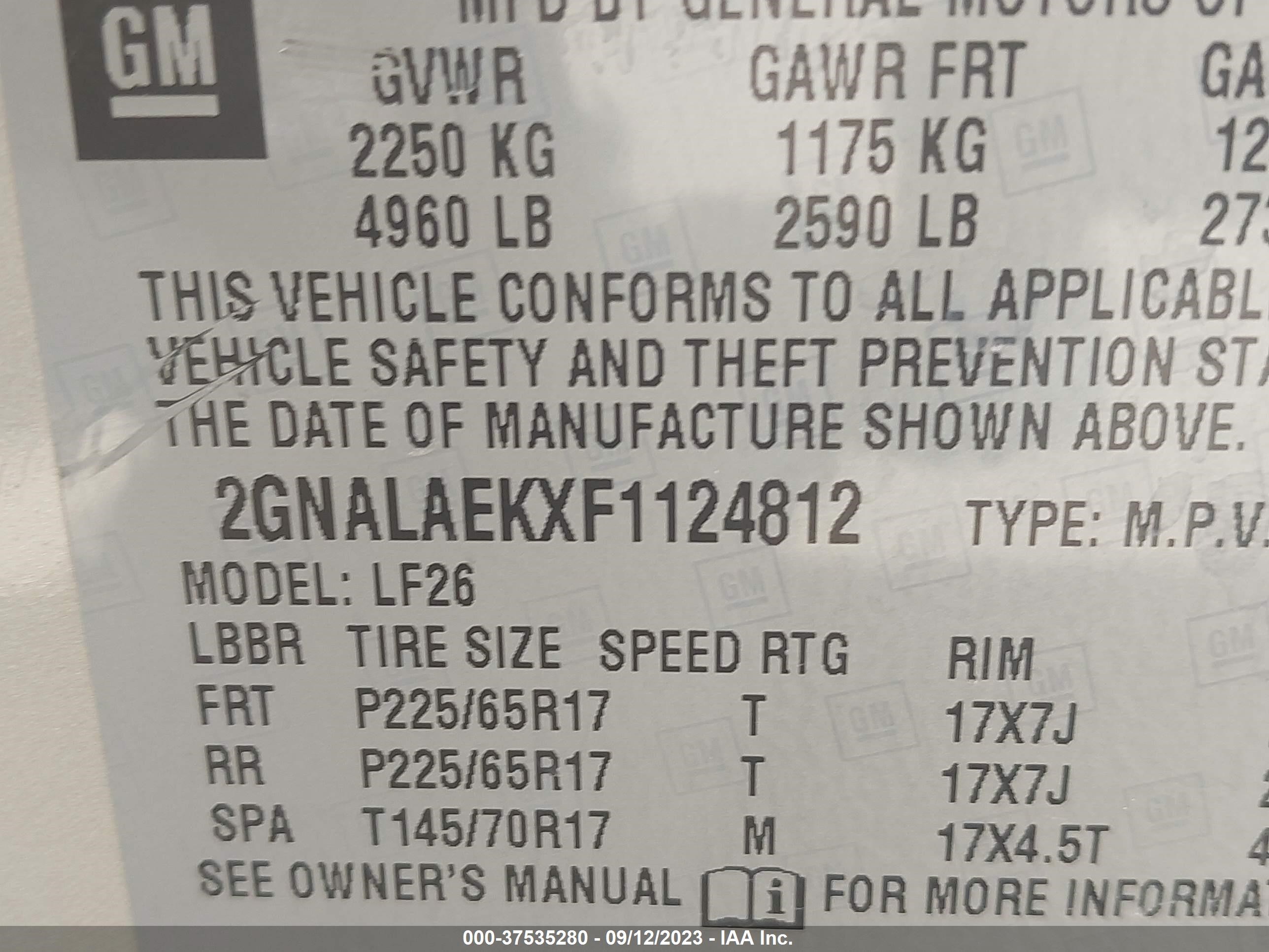 Photo 8 VIN: 2GNALAEKXF1124812 - CHEVROLET EQUINOX 