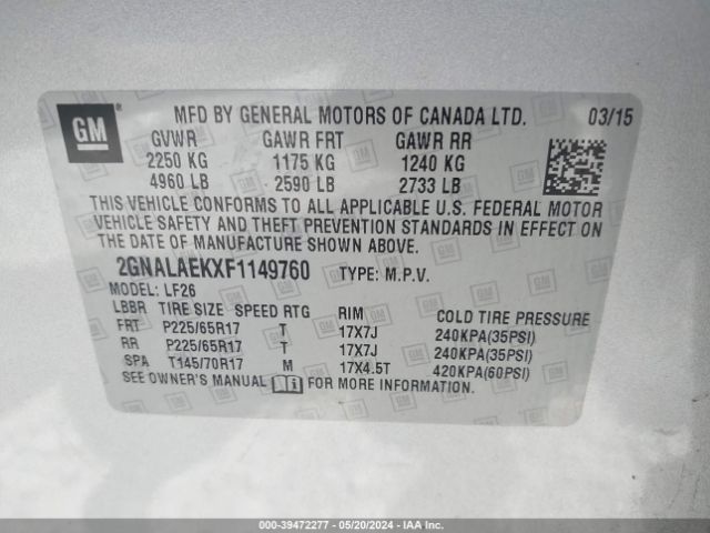 Photo 8 VIN: 2GNALAEKXF1149760 - CHEVROLET EQUINOX 