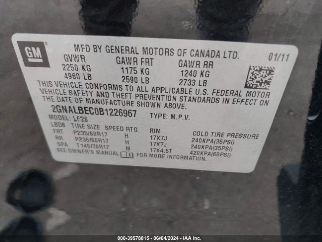 Photo 8 VIN: 2GNALBEC0B1226967 - CHEVROLET EQUINOX 