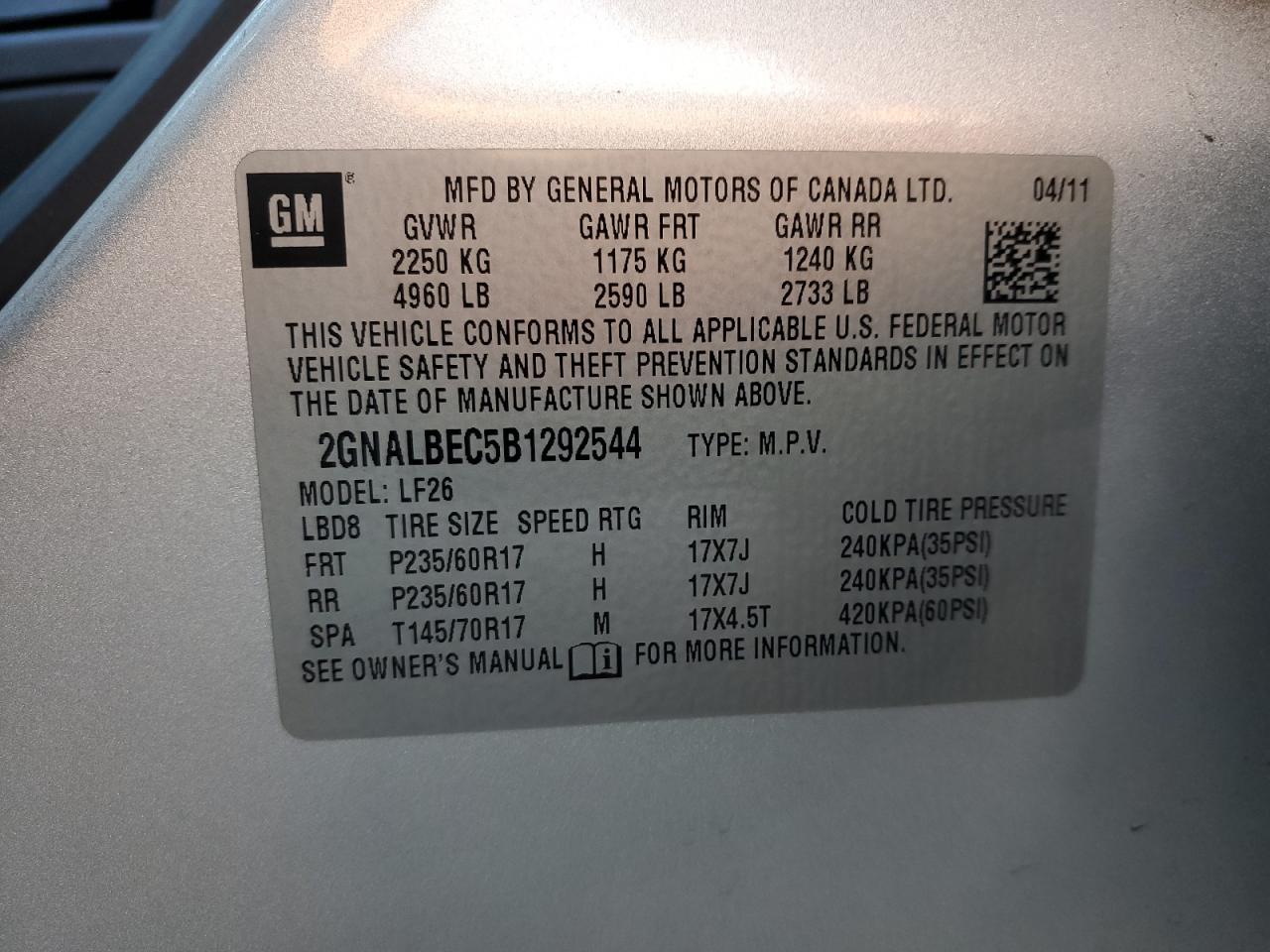 Photo 12 VIN: 2GNALBEC5B1292544 - CHEVROLET EQUINOX 