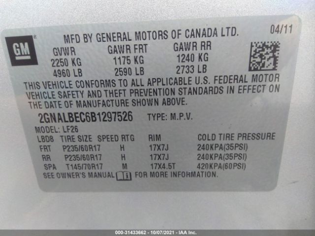 Photo 8 VIN: 2GNALBEC6B1297526 - CHEVROLET EQUINOX 