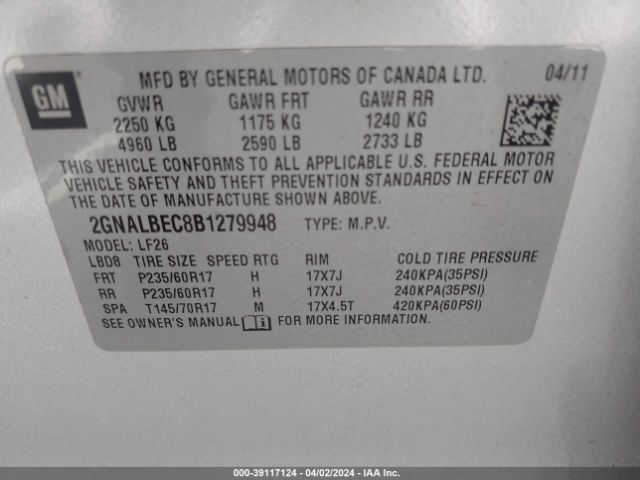 Photo 8 VIN: 2GNALBEC8B1279948 - CHEVROLET EQUINOX 