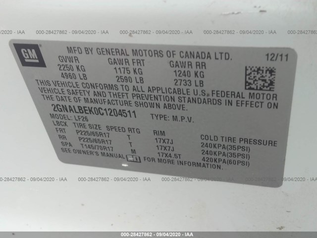 Photo 8 VIN: 2GNALBEK0C1204511 - CHEVROLET EQUINOX 