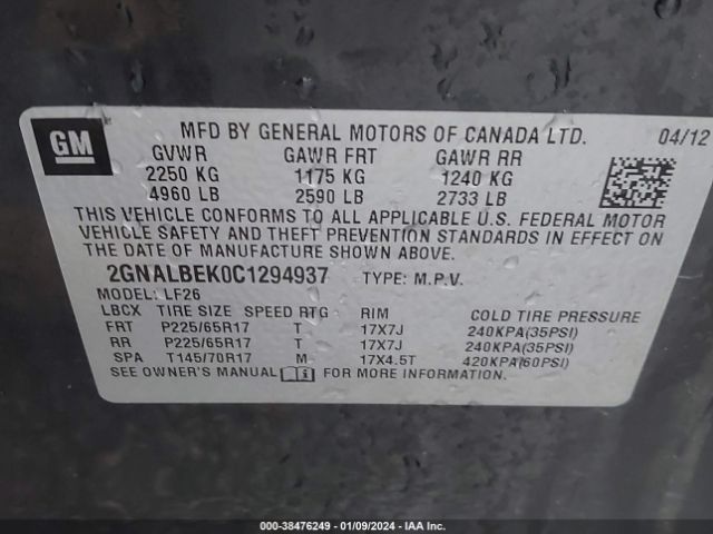 Photo 8 VIN: 2GNALBEK0C1294937 - CHEVROLET EQUINOX 