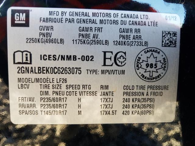 Photo 9 VIN: 2GNALBEK0C6263075 - CHEVROLET EQUINOX LS 