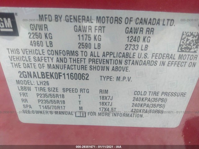 Photo 8 VIN: 2GNALBEK0F1160062 - CHEVROLET EQUINOX 