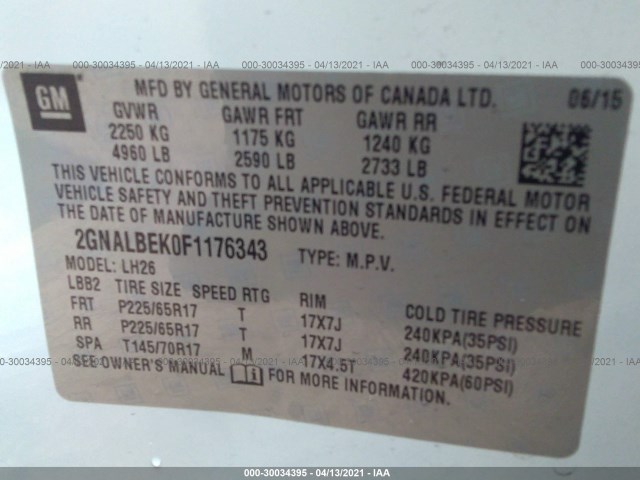 Photo 8 VIN: 2GNALBEK0F1176343 - CHEVROLET EQUINOX 