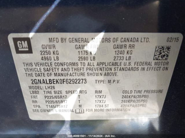 Photo 8 VIN: 2GNALBEK0F6292273 - CHEVROLET EQUINOX 