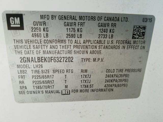 Photo 9 VIN: 2GNALBEK0F6327202 - CHEVROLET EQUINOX LT 