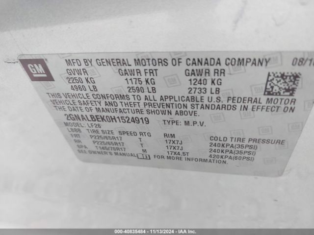 Photo 8 VIN: 2GNALBEK0H1524919 - CHEVROLET EQUINOX 