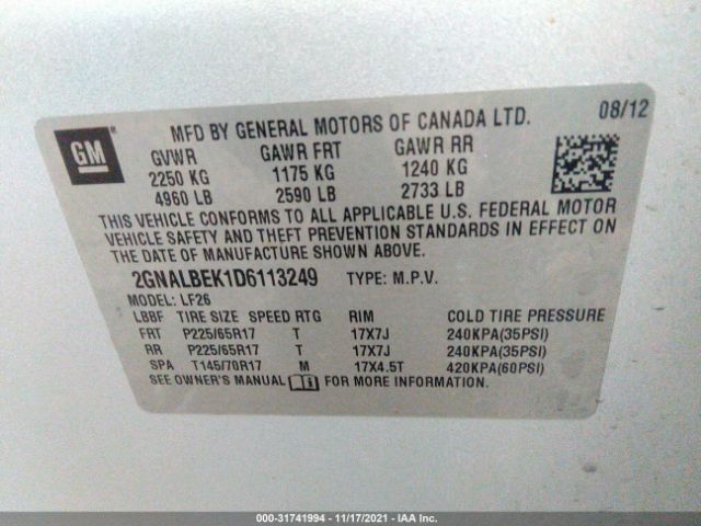 Photo 8 VIN: 2GNALBEK1D6113249 - CHEVROLET EQUINOX 