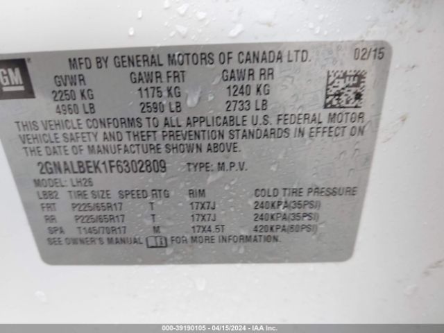 Photo 8 VIN: 2GNALBEK1F6302809 - CHEVROLET EQUINOX 