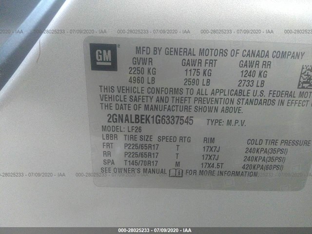 Photo 8 VIN: 2GNALBEK1G6337545 - CHEVROLET EQUINOX 