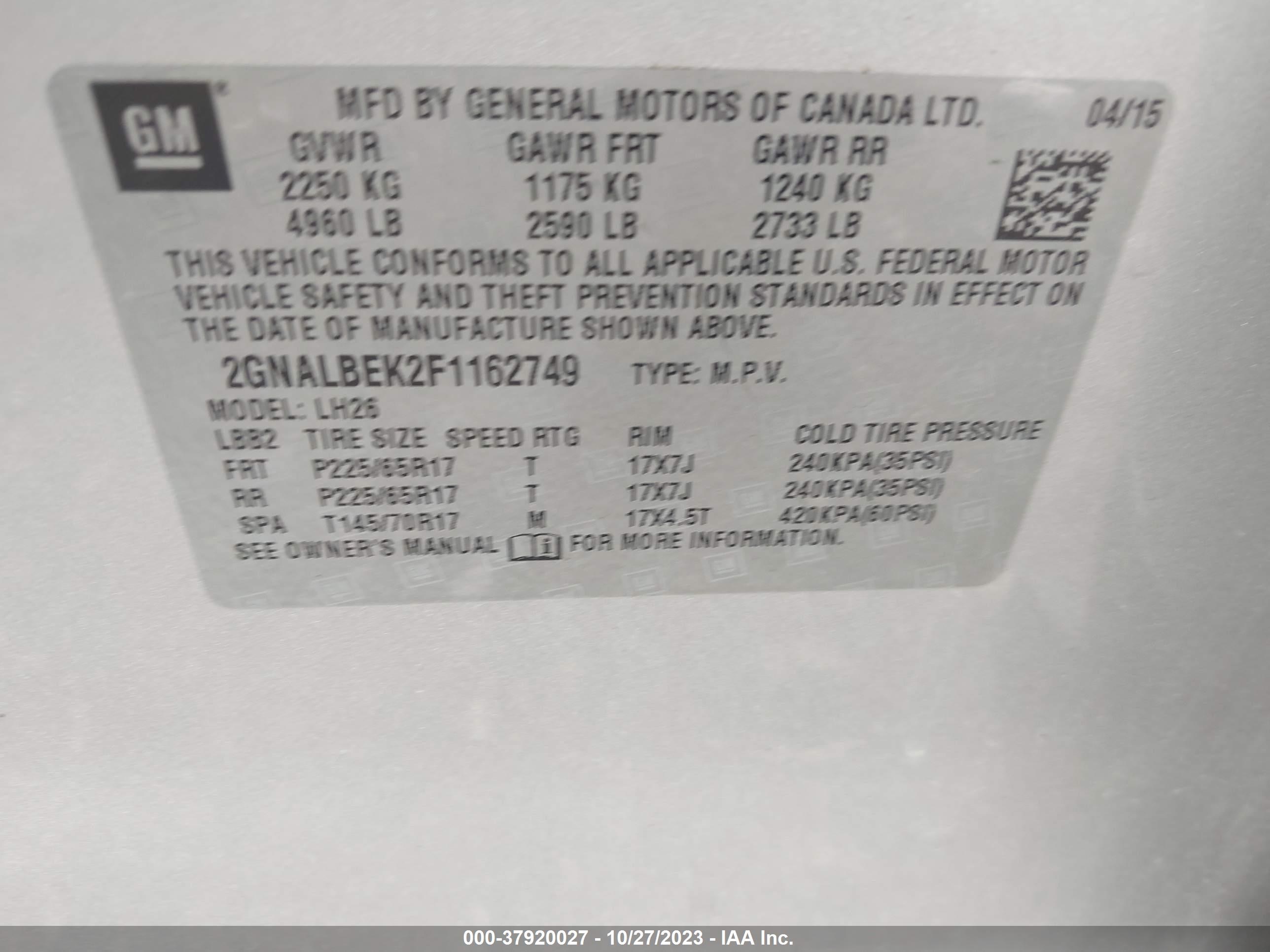 Photo 8 VIN: 2GNALBEK2F1162749 - CHEVROLET EQUINOX 