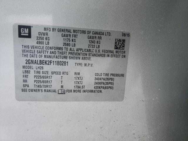 Photo 9 VIN: 2GNALBEK2F1180281 - CHEVROLET EQUINOX LT 