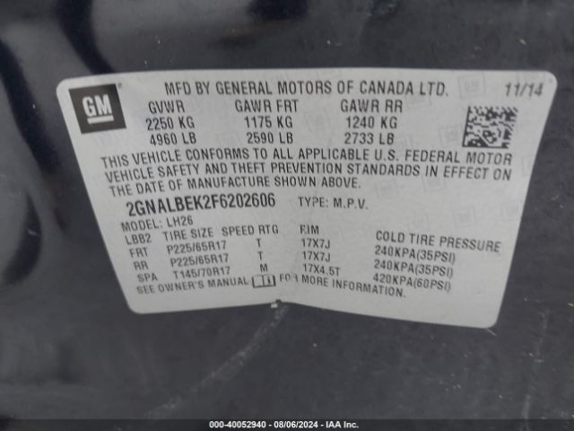 Photo 8 VIN: 2GNALBEK2F6202606 - CHEVROLET EQUINOX 