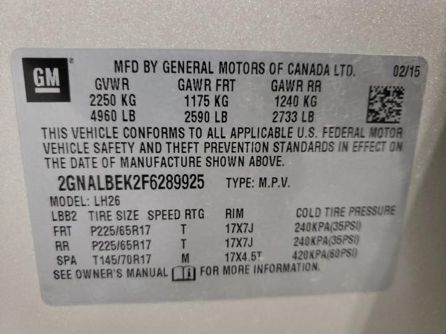 Photo 9 VIN: 2GNALBEK2F6289925 - CHEVROLET EQUINOX LT 