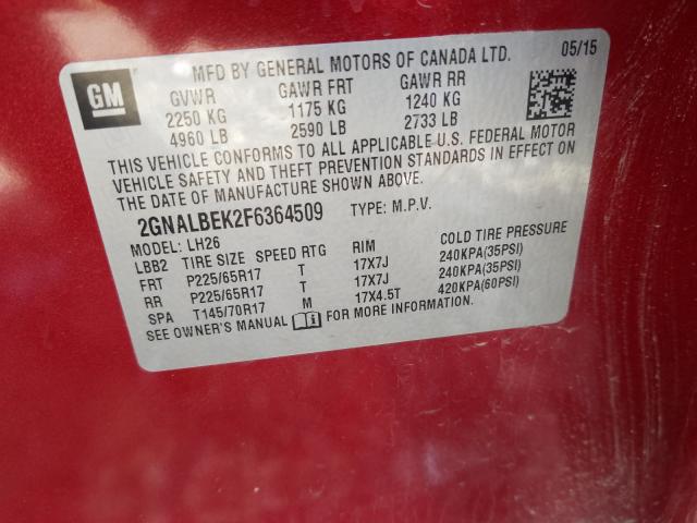 Photo 9 VIN: 2GNALBEK2F6364509 - CHEVROLET EQUINOX LT 