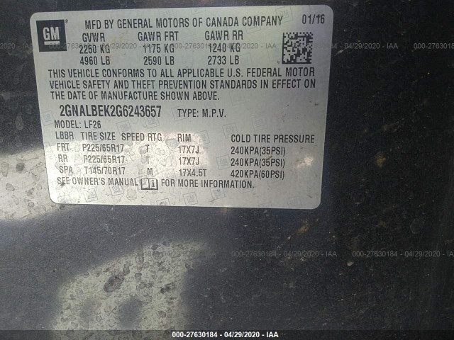 Photo 8 VIN: 2GNALBEK2G6243657 - CHEVROLET EQUINOX 