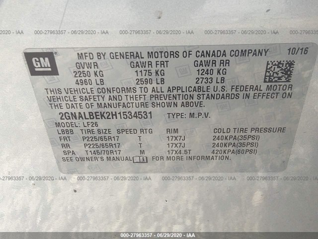 Photo 8 VIN: 2GNALBEK2H1534531 - CHEVROLET EQUINOX 