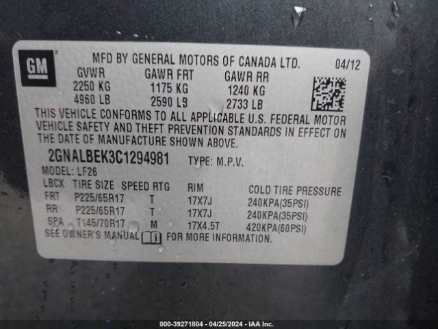 Photo 8 VIN: 2GNALBEK3C1294981 - CHEVROLET EQUINOX 