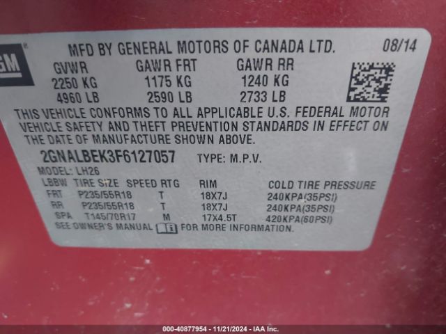 Photo 8 VIN: 2GNALBEK3F6127057 - CHEVROLET EQUINOX 