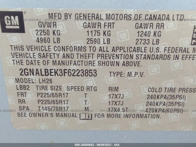 Photo 8 VIN: 2GNALBEK3F6223853 - CHEVROLET EQUINOX 