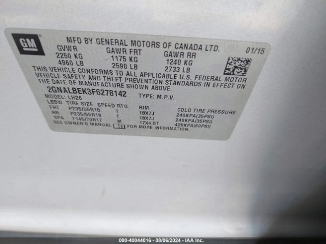 Photo 8 VIN: 2GNALBEK3F6278142 - CHEVROLET EQUINOX 