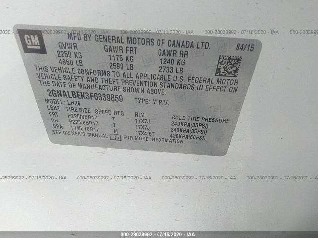 Photo 8 VIN: 2GNALBEK3F6339859 - CHEVROLET EQUINOX 