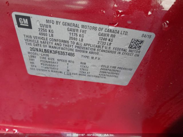 Photo 8 VIN: 2GNALBEK3F6357486 - CHEVROLET EQUINOX 