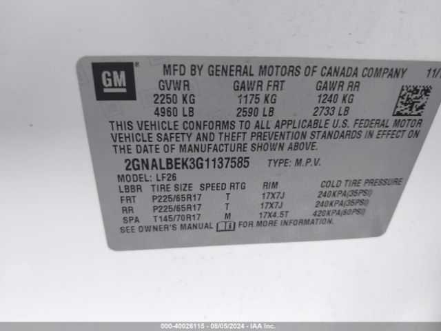 Photo 8 VIN: 2GNALBEK3G1137585 - CHEVROLET EQUINOX 