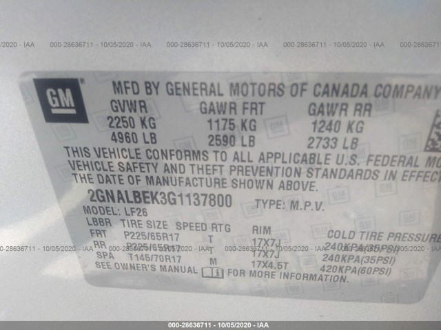 Photo 8 VIN: 2GNALBEK3G1137800 - CHEVROLET EQUINOX 