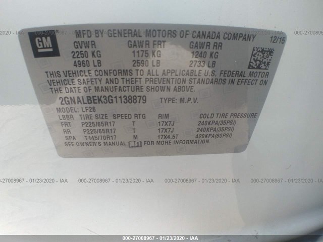 Photo 8 VIN: 2GNALBEK3G1138879 - CHEVROLET EQUINOX 