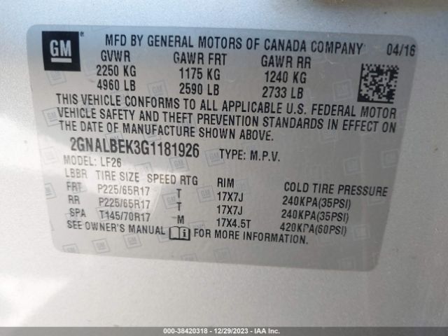 Photo 8 VIN: 2GNALBEK3G1181926 - CHEVROLET EQUINOX 