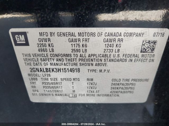 Photo 8 VIN: 2GNALBEK3H1514918 - CHEVROLET EQUINOX 