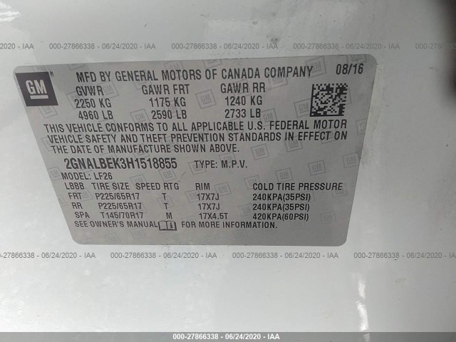 Photo 8 VIN: 2GNALBEK3H1518855 - CHEVROLET EQUINOX 