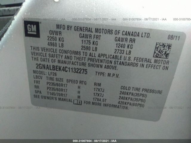 Photo 8 VIN: 2GNALBEK4C1132275 - CHEVROLET EQUINOX 