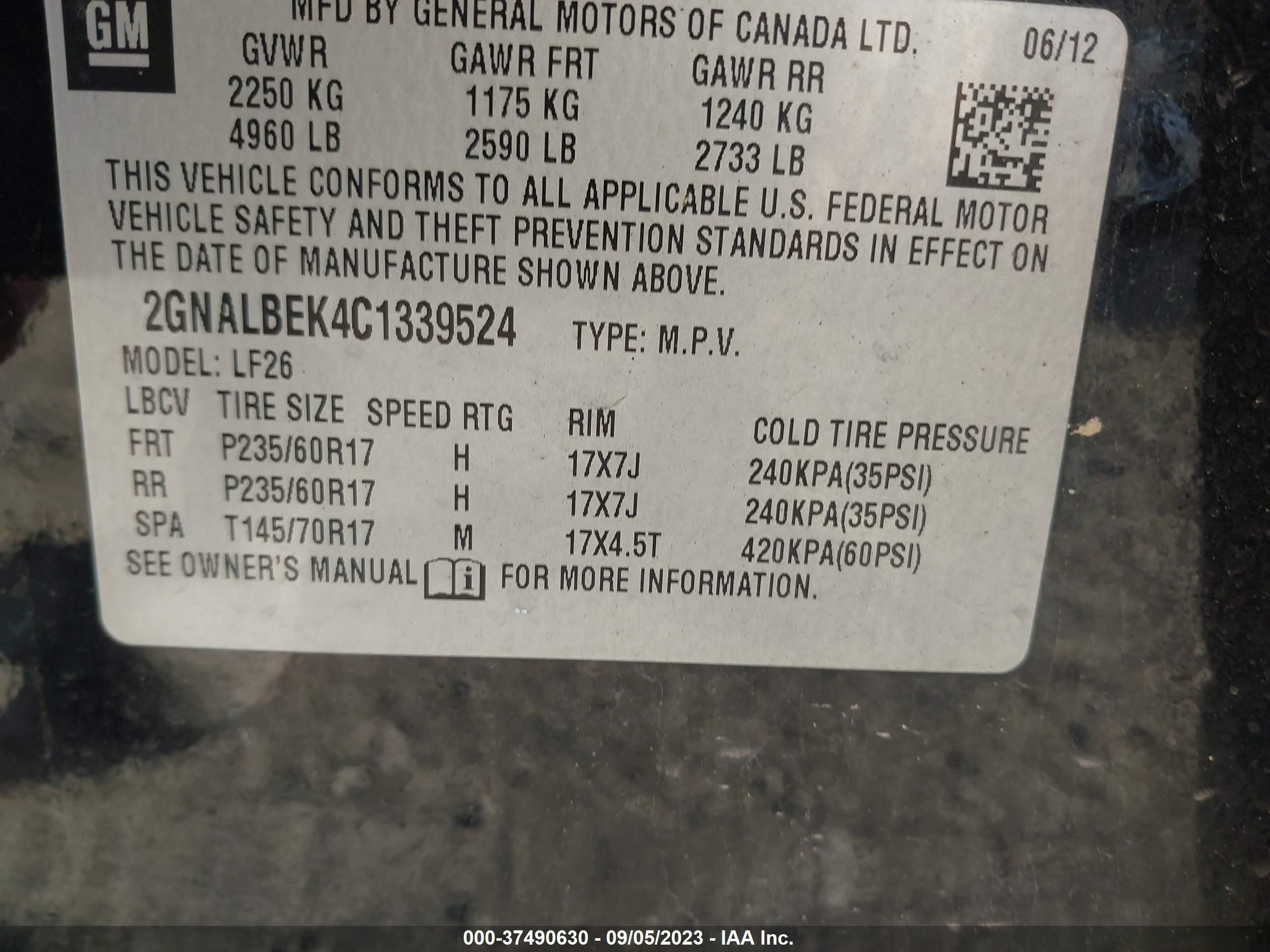 Photo 8 VIN: 2GNALBEK4C1339524 - CHEVROLET EQUINOX 