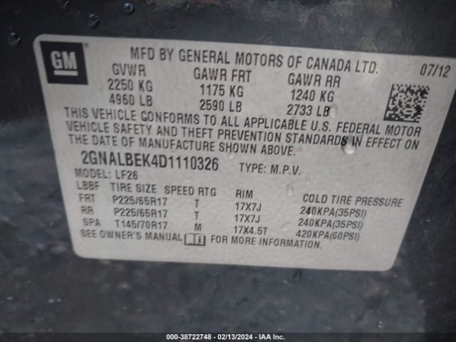 Photo 8 VIN: 2GNALBEK4D1110326 - CHEVROLET EQUINOX 