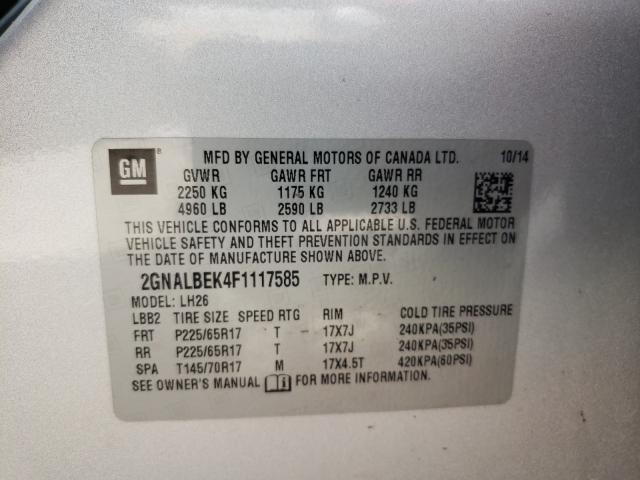 Photo 9 VIN: 2GNALBEK4F1117585 - CHEVROLET EQUINOX LT 