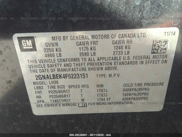 Photo 8 VIN: 2GNALBEK4F6223151 - CHEVROLET EQUINOX 